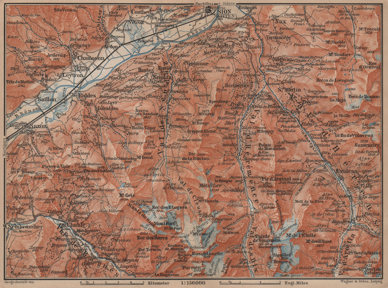 Area south of SION. Verbier Riddes Nendaz Veysonnaz Hérens Entremont 1899 map